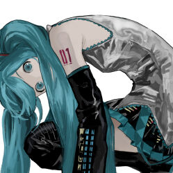  1girl aqua_eyes aqua_hair aqua_trim armpit_crease bingi black_skirt black_sleeves black_thighhighs breasts commentary_request covered_mouth detached_sleeves full_body grey_shirt hair_over_face hatsune_miku highres long_hair looking_at_viewer number_tattoo shirt simple_background single_bare_shoulder skirt sleeveless sleeveless_shirt solo squatting tattoo thigh-highs twintails very_long_hair vocaloid white_background 