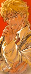  1boy biting biting_own_thumb blonde_hair clenched_teeth collared_shirt commentary_request crying crying_with_eyes_open dio_brando fang highres jojo_no_kimyou_na_bouken kotogre long_sleeves male_focus phantom_blood portrait red_background red_eyes shirt signature solo suspenders tears teeth v-shaped_eyebrows watermark 