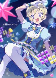  1girl :d aikatsu! aikatsu!_(series) arm_up blonde_hair blue_background blue_bow blue_bowtie blue_shirt blue_skirt bow bowtie collared_dress commentary_request dress earrings fang feet_out_of_frame frilled_skirt frills gloves happy_birthday hattori_yu highres idol_clothes jewelry koke_(koke7) looking_at_viewer open_mouth puffy_short_sleeves puffy_sleeves shirt short_hair short_sleeves skirt smile solo star_(symbol) star_earrings thigh-highs violet_eyes white_gloves white_thighhighs 