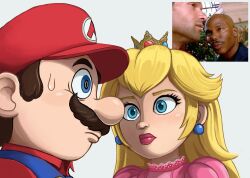  1boy 1girl blonde_hair blue_eyes blue_overalls brown_hair crown dress earrings facial_hair gold_crown hat highres jeszirp jewelry long_hair mario meme mustache overalls pink_dress pink_lips pointed_crown princess_peach puffy_short_sleeves puffy_sleeves red_hat red_shirt shirt short_hair short_sleeves sphere_earrings super_mario_bros. sweatdrop the_super_mario_galaxy_movie wide-eyed 