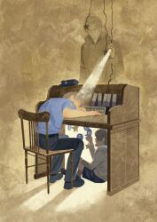  1boy before_and_after commentary english_commentary highres jacket leon_s._kennedy male_focus police police_uniform remembering resident_evil resident_evil_2 resident_evil_2_(remake) resident_evil_requiem sitting sleeping solo xianyu_chuan 