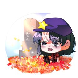  1girl autumn_leaves blank_stare chibi chibi_only commentary_request dappled_sunlight day dress hair_ornament hat hat_ornament jiangshi korean_commentary leaf lovelobten miyako_yoshika ofuda on_ground open_mouth outdoors pale_skin purple_hair red_dress shirt short_hair short_sleeves sitting sky star_(symbol) star_hat_ornament sunlight tombstone touhou translation_request violet_eyes white_background 