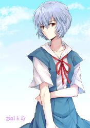  1girl akasata ayanami_rei blue_hair blue_skirt blue_sky breasts closed_mouth clouds dated day medium_skirt neon_genesis_evangelion red_eyes red_ribbon ribbon school_uniform shirt short_hair short_sleeves skirt sky solo standing suspender_skirt suspenders tokyo-3_middle_school_uniform upper_body white_shirt 