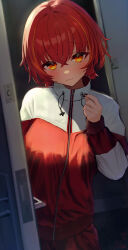  1girl absurdres alternate_costume black_nails blush closed_mouth commentary_request doorway dutch_angle head_tilt highres jacket long_sleeves looking_at_viewer multicolored_hair multicolored_jacket naikon nekota_tsuna orange_eyes orange_streaks pants pov_doorway red_hair red_jacket red_pants smile solo streaked_hair track_jacket track_pants track_suit two-tone_jacket upper_body virtual_youtuber vspo! white_jacket zipper zipper_pull_tab 