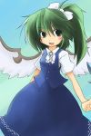  bad_id blue_dress bow daiyousei dress green_eyes green_hair hair_bow holding_hands open_mouth side_ponytail touhou vest wings 
