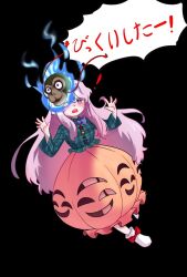  ! 1girl black_background blue_fire blue_shirt blush bow bowtie bubble_skirt commentary_request fire hat hata_no_kokoro highres korean_commentary long_hair long_sleeves looking_at_viewer lovelobten mask mask_on_head monkey_mask necktie open_mouth pink_eyes pink_hair pink_shoes plaid_clothes plaid_shirt purple_necktie shirt shoes skirt solo speech_bubble touhou translation_request very_long_hair 