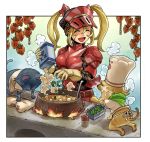  armor blonde_hair cat chef closed_eyes cooking felyne food gloves happy hermitaur_(armor) mimonel monster_hunter orz scar tears twintails 