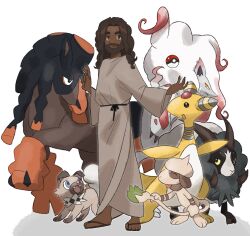  1boy alternate_skin_color ampharos beard brown_fur brown_hair crossover dark-skinned_male dark_skin dubwool facial_hair grey_robe highres hisuian_zoroark jesus mudsdale open_mouth poke_ball poke_ball_(basic) pokemon pokemon_(creature) robe rockruff sandals simifimibrulee simple_background smeargle the_bible very_dark_skin white_background 