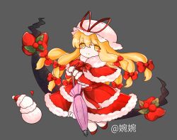  1girl alternate_costume blonde_hair blush_stickers bow bowtie capelet chinese_commentary christmas closed_mouth closed_umbrella commentary_request deformed dress full_body fur-trimmed_capelet fur-trimmed_dress fur-trimmed_sleeves fur_trim gap_(touhou) grey_background hair_bow hat highres holding holding_umbrella long_hair long_sleeves looking_at_viewer mob_cap multiple_hair_bows red_bow red_bowtie red_capelet red_dress red_shoes santa_costume santa_dress shoes simple_background smile snowman solo touhou umbrella very_long_hair wu_yu_wanwan yakumo_yukari yellow_eyes 