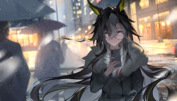  1girl animal_ears black_coat blonde_streaks cai_ji_(user_jmrv4342) city coat commentary dream_journey_(umamusume) fur-trimmed_coat fur_trim glasses grey_eyes grey_streaks highres holding holding_phone holding_umbrella horse_ears horse_girl long_hair long_sleeves multicolored_hair night outdoors people phone semi-rimless_eyewear snowing solo_focus streaked_hair umamusume umbrella untranslatable_commentary very_long_hair 