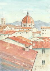  building cathedral church cityscape commentary_request day dome florence_(city) florence_cathedral highres italy mountainous_horizon no_humans original outdoors paruperu real_world_location scenery simple_bird sky 