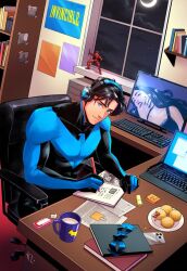  1boy batman_(series) batman_symbol black_bodysuit blue_bodysuit blue_mask bodysuit dc_comics dick_grayson eye_mask kath_lobo mask multicolored_bodysuit nightwing superhero_costume two-tone_bodysuit 