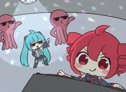  2girls 2others :> adversarial_noise ahoge alien aqua_hair aqua_necktie bare_shoulders black_skirt black_sleeves blue_shirt blue_sleeves blush_stickers breast_pocket commentary_request dancing deformed detached_sleeves disco_ball dj drill_hair grey_shirt hair_ornament hand_on_own_hip hatsune_miku kasane_teto kasane_teto_(utau) long_hair mixing_console multiple_girls multiple_others necktie nukotun o3o outstretched_arm pleated_skirt pocket pointing red_eyes red_hair shirt short_hair skirt sleeveless sleeveless_shirt sunglasses tentacles tongue tongue_out triangle_mouth twin_drills twintails utau v-shaped_eyebrows very_long_hair vocaloid 