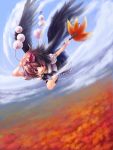  black_wings edobox flying hat highres red_eyes shameimaru_aya short_hair sky touhou wings 