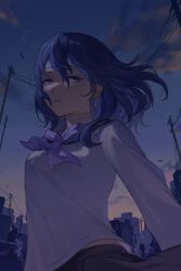  1girl bandaged_neck bandages blue_eyes clouds commentary_request expressionless gegeblue highres juusan_kihei_bouei_ken looking_at_viewer medium_hair outdoors parted_lips power_lines school_uniform serafuku shinonome_ryouko_(juusan_kihei_bouei_ken) sky solo twilight wind 