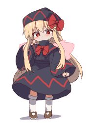  1girl black_dress black_hat blonde_hair bow bowtie brown_shoes closed_mouth commentary dress fairy fairy_wings full_body hair_bow hand_up hat highres lily_black lily_white long_sleeves looking_at_viewer magg_(user_mtca8588) red_bow red_bowtie red_eyes shoes simple_background socks solo standing touhou white_background white_socks wings 