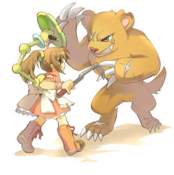  1girl apron battle bear black_eyes boots bow brown_boots brown_hair crowbar dress emil_chronicle_online hanehane_kiro holding holding_crowbar lowres marcia_(eco) official_art pink_dress ponytail shield waist_bow white_apron white_background white_bow 