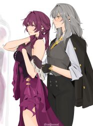  2girls bare_shoulders black_gloves black_jacket blush commentary dress english_commentary from_side gloves grey_hair highres honkai:_star_rail honkai_(series) jacket jacket_on_shoulders kafka_(honkai:_star_rail) long_hair looking_at_another multiple_girls neckerchief purple_dress purple_gloves purple_hair seijousai sleeves_rolled_up stelle_(honkai:_star_rail) sweat trailblazer_(honkai:_star_rail) twitter_username violet_eyes white_background yellow_eyes yellow_neckerchief yuri zipping 