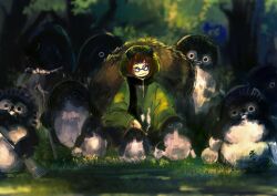  1girl :3 animal_ears brown_hair closed_eyes closed_mouth commentary_request facing_viewer forest futatsuiwa_mamizou glasses haruaki_(onkai_planaria) kiseru nature outdoors raccoon_ears raccoon_girl raccoon_tail smile smoke smoking smoking_pipe solo tail tanuki touhou tree 