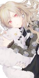  1girl animal animal_ears artist_name blonde_hair cat cat_ears cat_tail collar commentary_request earrings grey_nails highres holding holding_animal jewelry long_hair long_sleeves looking_at_viewer mege_(megechan) nail_polish original parted_lips red_eyes simple_background single_earring tail teeth white_background white_cat yellow_eyes 