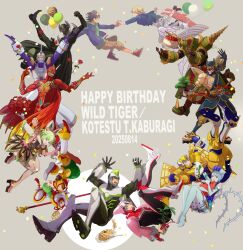  4girls 6+boys absurdres aged_down antonio_lopez armor arms_up balloon barnaby_brooks_jr. blonde_hair blue_boots blue_eyes blue_hair blue_jacket blue_rose_(tiger_&amp;_bunny) bodysuit bonsai boots bouquet box brown_eyes brown_hair brown_pants cake candy cape character_name clenched_hands closed_mouth commentary_request confetti dark-skinned_male dark_skin dated dragon_kid english_text eye_mask fake_horns fire_emblem_(tiger_&amp;_bunny) flower food gift gift_box gloves green_eyes green_hair green_hoodie grey_background happy_birthday high_heel_boots high_heels highres hijikigohan1 holding holding_balloon holding_box holding_candy holding_food holding_gift holding_lollipop hood hood_down hoodie horns huang_pao-lin ivan_karelin jacket kaburagi_t._kotetsu lara_tchaikoskaya lips lollipop long_sleeves mask multiple_boys multiple_girls open_clothes open_jacket open_mouth orange_gloves origami_cyclone pants power_armor red_bodysuit red_cape red_flower red_rose red_shoes rock_bison rose ryan_goldsmith sengoku_subaru shoes sky_high_(tiger_&amp;_bunny) smile socks staff superhero_costume swirl_lollipop teeth thomas_taurus tiger_&amp;_bunny weapon white_socks wild_tiger 