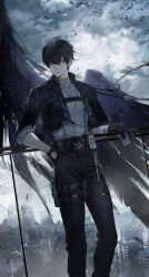  1boy absurdres against_railing bandaged_hand bandages bird black_bird black_gloves black_hair black_jacket black_pants black_wings blue_sky clouds cloudy_sky cowboy_shot day debris ear_piercing gloves grey_shirt hair_between_eyes hand_in_pocket highres jacket jewelry looking_at_viewer male_focus male_rover_(wuthering_waves) merchandise_available missing_commentary necklace open_clothes open_jacket outdoors pants parted_lips piercing pocket pouch railing rover_(wuthering_waves) secretfj520 serious shirt single_wing sky sleeves_rolled_up solo tacet_mark_(wuthering_waves) thigh_pouch wind wings wuthering_waves yellow_eyes 