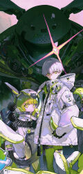  1boy 1girl absurdres coat commentary_request eshi_100_nin_ten green_eyes green_hair green_pants helmet highres holding holding_unworn_helmet looking_at_viewer mecha medium_hair mura_karuki official_art original pants robot short_hair space_helmet unworn_headwear unworn_helmet white_coat white_hair yellow_eyes 