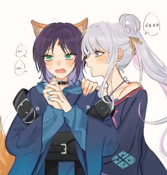  2girls @_@ animal_ears bare_shoulders black_choker black_hair blue_eyes blue_hair blush cho_kaguya-hime! choker colored_inner_hair commentary_request forehead_jewel fox_ears fox_tail green_eyes grey_hair hair_ornament hair_rings hair_stick halterneck hand_on_another's_shoulder highres korean_text long_sleeves looking_at_another multicolored_eyes multicolored_hair multiple_girls neeuhn open_mouth own_hands_together pink_hair runami_yachiyo sakayori_iroha sweat tail translation_request twintails two-tone_hair upper_body violet_eyes white_background yuri 