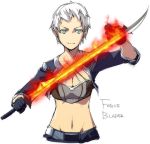  attribute_applied breasts cleavage face fire flames green_eyes kyo kyo_(kuroichigo) magic midriff short_hair sword weapon white_hair 