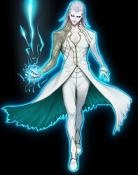  1boy aura black_background clenched_hand closed_mouth commentary_request emo37337640 energy fugan_(tiger_&amp;_bunny) full_body glowing grey_hair highres jewelry long_hair long_sleeves male_focus multiple_rings pale_skin ring simple_background smile solo tiger_&amp;_bunny 