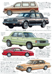  arrow_(symbol) black_car brown_car car chrysler chrysler_e-class chrysler_new_yorker commentary_request dodge_(company) dodge_aries dodge_caravan dodge_daytona endo_izuru green_car highres motor_vehicle no_humans original red_car speech_bubble sports_car translation_request van vehicle_focus 