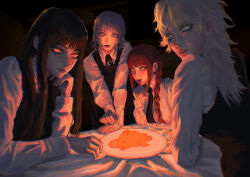  4girls absurdres black_dress black_hair black_necktie blonde_hair braid braided_ponytail chainsaw_man commentary crying crying_with_eyes_open dress english_commentary fami_(chainsaw_man) famine_devil_(chainsaw_man) fourth_east_high_school_uniform highres long_hair long_sleeves looking_at_viewer makima_(chainsaw_man) multiple_girls necktie pinafore_dress plate pochita_(chainsaw_man) purple_hair red_eyes red_hair ringed_eyes scar scar_on_cheek scar_on_face scar_on_nose school_uniform shirt sleeveless sleeveless_dress suzukayouraku table tears violet_eyes white_shirt yellow_eyes yoru_(chainsaw_man) 