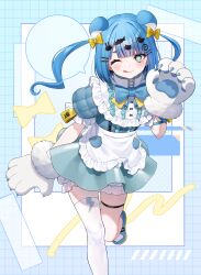  +_+ 1girl ;> ;q absurdres animal_ears animal_hands apron aqua_dress aqua_eyes arm_at_side bear_ears bear_girl bloomers blue_border blue_bow blue_bowtie blue_hair blunt_bangs bob_cut border bow bowtie cat_hair_ornament collar commission dress fish_hair_ornament flat_chest foot_out_of_frame frilled_apron frilled_collar frilled_sleeves frills fur-trimmed_gloves fur_trim gloves gradient_border grid_border hair_bow hair_ornament hand_up highres indie_virtual_youtuber knees_together_feet_apart light_blush one_eye_closed outside_border paw_gloves pocket puffy_short_sleeves puffy_sleeves rabbit_hair_ornament second-party_source short_sleeves sideways_glance single_thighhigh skeb_commission smile solo standing standing_on_one_leg suspenders thigh-highs thigh_strap tongue tongue_out toramaru_(toramal9831) twintails waist_apron white_background white_bloomers white_thighhighs yellow_bow yushiro_pirika 