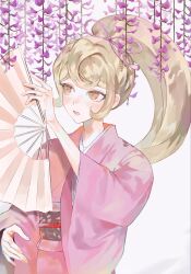  1girl birthday blonde_hair blush commentary danganronpa_(series) danganronpa_2:_goodbye_despair eyelashes flower hair_ornament hand_fan hand_up high_ponytail highres holding holding_fan japanese_clothes kimono long_hair long_sleeves looking_to_the_side obi orange_eyes pink_kimono pitta_(oshirinokeeeee) ponytail purple_flower saionji_hiyoko sash simple_background solo upper_body white_background 