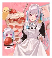  1girl absurdres animal_on_shoulder apron bird bird_on_shoulder blue_hair blush bow bowtie colored_inner_hair food frilled_apron frills fruit hair_ribbon highres jewelry lize_helesta lize_helesta_(9th_costume) long_hair long_sleeves maid maid_apron maid_headdress monocle multicolored_hair name_tag nameplate nijisanji official_alternate_costume parfait ribbon rippoutai_fuusen sebastian_piyodore strawberry twintails two-tone_hair victorian_maid violet_eyes virtual_youtuber white_apron white_bow white_bowtie white_hair white_headdress yellow_bird 