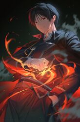 1boy absurdres aiguillette amestris_military_uniform black_eyes black_hair blue_coat blue_jacket blue_pants closed_mouth coat collared_jacket collared_shirt cowboy_shot dress_shirt fire fullmetal_alchemist glint gloves hand_in_pocket highres jacket long_sleeves looking_at_viewer male_focus military_jacket military_uniform nyamnyam_(ny_am_030) open_clothes open_coat pants pyrokinesis roy_mustang shirt short_hair silver_trim smile smoke solo standing twitter_username white_gloves white_shirt 