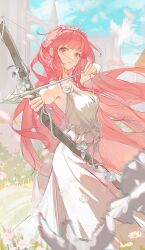  1girl absurdres aiming armpits arrow_(projectile) artist_request bare_arms bare_shoulders bird blue_sky blunt_bangs bow_(weapon) brown_eyes castle chinese_commentary closed_mouth clouds commentary_request commission day dove drawing_bow dress dress_flower earrings expressionless eyelashes feet_out_of_frame floating_hair flower frilled_dress frills grass highres holding holding_arrow holding_bow_(weapon) holding_weapon jewelry light_frown lipstick long_dress long_hair looking_at_viewer makeup miracle_nikki nikki_(nikki) nikki_(series) outdoors petals pink_hair pink_lips pleated_dress rose second-party_source sky sleeveless sleeveless_dress solo tiara very_long_hair wavy_hair weapon white_dress white_flower white_rose 