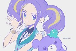  1girl aikatsu!_(series) aikatsu_planet! blonde_streaks blue_eyes bracelet closed_mouth collared_shirt commentary_request grey_background hand_up idol_clothes jewelry koke_(koke7) long_hair looking_at_viewer multicolored_hair open_hand purple_hair ruli_(aikatsu_planet!) shirt simple_background smile solo streaked_hair stuffed_animal stuffed_toy teddy_bear twintails upper_body violet_eyes white_shirt 