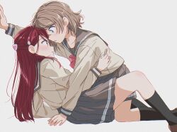  2girls absurdres black_socks blue_eyes bow bowtie brown_shoes commentary_request grey_background grey_hair grey_sailor_collar grey_shirt grey_skirt highres love_live! love_live!_sunshine!! multiple_girls pink_bow pink_bowtie pleated_skirt red_hair sailor_collar sakurauchi_riko school_uniform shirt shoes short_hair simple_background skirt socks uranohoshi_school_uniform watanabe_you yuchi_(salmon-1000) yuri 