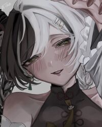  1girl arm_up bare_shoulders black_hair collarbone commentary detached_sleeves dialyn_(zenless_zone_zero) earrings english_commentary grey_background hair_ornament hairclip half-closed_eyes highres jewelry looking_at_viewer multicolored_hair necktie oekaki_2525niko panda_hair_ornament parted_lips portrait simple_background solo split-color_hair textless_version white_hair yellow_eyes yellow_necktie zenless_zone_zero 