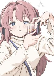  1girl absurdres ane_moire black_ribbon blue_eyes commentary cup hair_ribbon highres holding holding_cup ice ice_cube kamiina_botan kamiina_botan_yoeru_sugata_wa_yuri_no_hana long_hair looking_at_viewer parted_lips pink_hair ribbon simple_background solo sweater two_side_up upper_body white_background white_sweater 