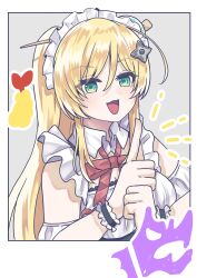  1girl :3 :d alternate_costume bare_shoulders black_wrist_cuffs blonde_hair blush border bow bowtie commentary detached_collar dress enmaided eyes_visible_through_hair frilled_wrist_cuffs frills green_eyes grey_background hair_between_eyes hair_ornament hair_stick hands_up heaven_burns_red highres index_finger_raised kanzaki_adelheid kunai kunai_hair_ornament long_hair looking_at_viewer maid ninja notice_lines open_mouth outside_border photo_(object) ponytail red_bow red_bowtie sidelocks simple_background siromochino smile solo upper_body weapon white_border white_dress wrist_cuffs 