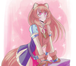  1girl animal_ear_fluff animal_ears arm_support armor belt black_dress breastplate breasts brown_armor brown_belt brown_gloves brown_hair closed_mouth collared_dress commentary dress elbow_gloves english_commentary eyelashes floating_hair gloves grey_armor hair_tubes high_collar highres layered_dress leather leather_armor leather_gloves long_hair long_sleeves looking_at_viewer medium_breasts metal_arm_cuffs metal_hair_tubes metal_wrist_cuffs open_collar pauldrons pink_background pink_eyes pinstripe_dress pinstripe_pattern raccoon_ears raccoon_girl raccoon_tail raphtalia red_dress sailor_yon short_dress shoulder_armor single_pauldron sleeveless sleeveless_dress smile solo sparkle split_mouth straight_hair tail tate_no_yuusha_no_nariagari two-tone_dress upper_body white_background white_dress 