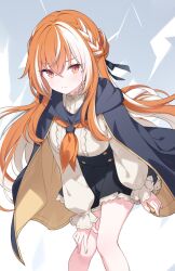  1girl black_cloak black_ribbon black_skirt blush braid breasts buttons center_frills chinese_commentary cloak closed_mouth commentary_request crossed_bangs feet_out_of_frame frilled_shirt frilled_skirt frills grey_background hair_between_eyes hair_bun hair_ribbon half_crown_braid hand_on_own_knee highres hood hood_down hooded_cloak jyt leaning_forward long_hair long_sleeves looking_at_viewer medium_breasts miniskirt multicolored_hair neckerchief orange_eyes orange_hair orange_neckerchief original pleated_skirt puffy_long_sleeves puffy_sleeves ribbon shirt sidelocks skirt solo streaked_hair sweatdrop textless_cover_page two-tone_background two-tone_hair v-shaped_eyebrows white_background white_hair white_shirt white_streaks 