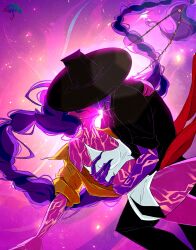  1boy 1girl arm_markings body_markings braid braided_ponytail carrying carrying_person colored_skin demon dreadart earrings fingernails gat_(hat) hat highres hug jewelry jinu_(kpop_demon_hunters) kiss kpop_demon_hunters long_fingernails purple_hair purple_skin red_sash rumi_(kpop_demon_hunters) sash shirt single_bare_shoulder yellow_shirt 