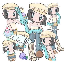  1girl animification artist_name blue_eyes blue_gloves blue_pants blueberry blush boots camisole cherry cup elbow_gloves english_commentary food fruit gloves hat high_heel_boots high_heels highres holding holding_ice_cream_cone ice_cream ice_cream_cone itzy k-pop korean_commentary looking_at_viewer midriff_peek mixed-language_commentary mole mole_under_eye mookoo multiple_views official_art open_mouth pants smile v whipped_cream yellow_boots yellow_camisole yellow_hat yuna_(itzy) 