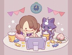  1girl berry_(pokemon) blush_stickers brown_eyes brown_hair candy_wrapper clock commentary_request cup cushion disposable_cup drinking_straw female_protagonist_(pokemon_pokopia) happy head_rest highres lying n2ewu on_stomach open_mouth pecha_berry plate pokemon pokemon_(creature) pokemon_pokopia rare_candy smile tablet_pc toxel twintails 