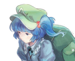  1girl archived_source backpack bag blue_eyes blue_hair blue_shirt blunt_bangs closed_mouth collar colored_eyelashes frilled_collar frills green_bag green_hat hair_bobbles hair_ornament hat iwamoto_zerogo kawashiro_nitori looking_to_the_side pocket puffy_sleeves shirt signature solo touhou twintails upper_body visor_cap white_background 