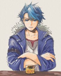 1boy blue_coat blue_eyes blue_hair coat collarbone crossed_arms eiyuu_densetsu fur-trimmed_coat fur_trim glass hair_between_eyes hair_slicked_back highres kai_no_kiseki koyagistock kuro_no_kiseki_(series) looking_at_viewer male_focus multicolored_hair parted_bangs simple_background sketch two-tone_hair upper_body van_arkride whisky_glass white_background 
