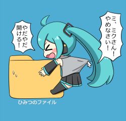  1girl ahoge black_boots black_skirt black_sleeves blue_background blue_hair blush_stickers boots chibi chibi_only closed_eyes clothes_grab commentary_request cursor detached_sleeves folder from_side grey_shirt hatsune_miku long_hair long_sleeves miniskirt nukotun number_tattoo open_mouth pleated_skirt shirt shoulder_tattoo skirt sleeveless sleeveless_shirt solo speech_bubble tattoo thigh_boots translation_request twintails very_long_hair vocaloid 